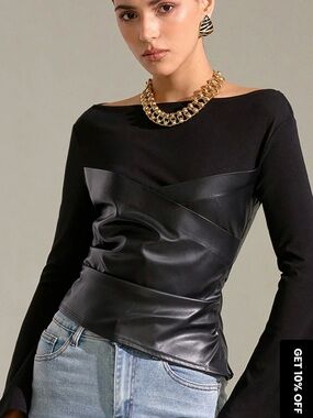 Black Faux-Leather Paneled Long-Sleeve Top